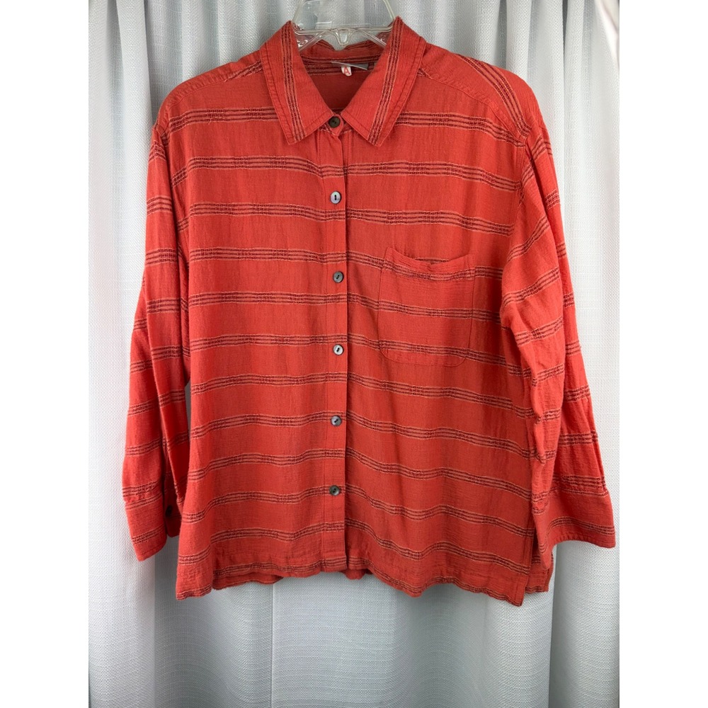Chicos Womens Size 1 Coral Orange Striped Cotton Button Down Shirt Long Sleeve M
